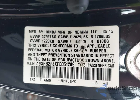 2015 Honda Civic Ex z USA, uszkodzony, nr VIN 19XFB2F8XFE051289